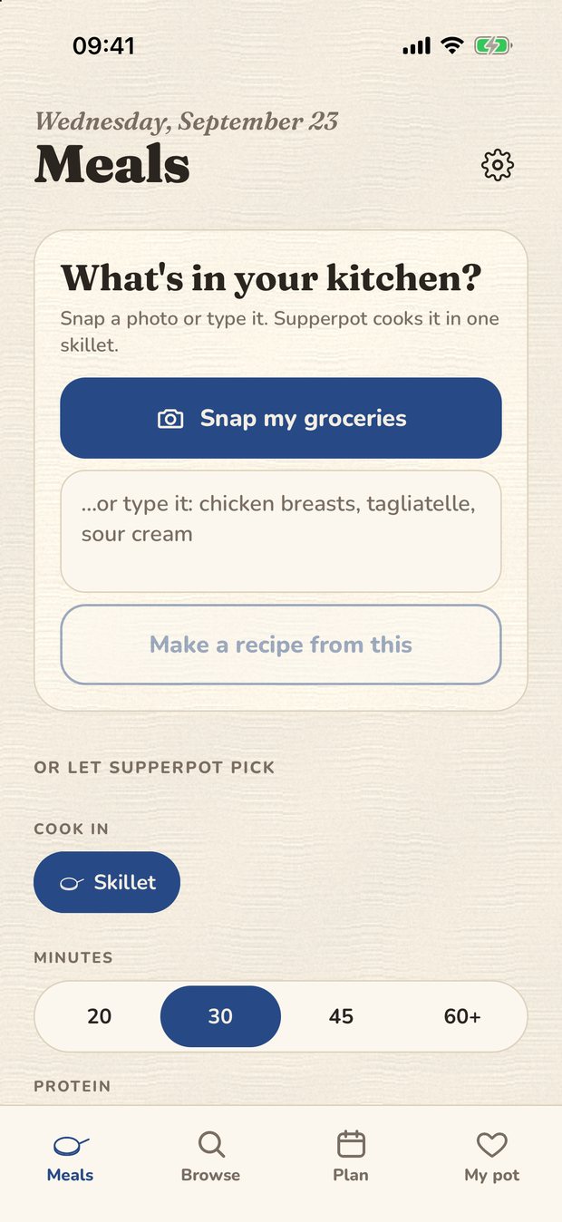 The Meals screen with the Snap my groceries button and a box to type what you have.