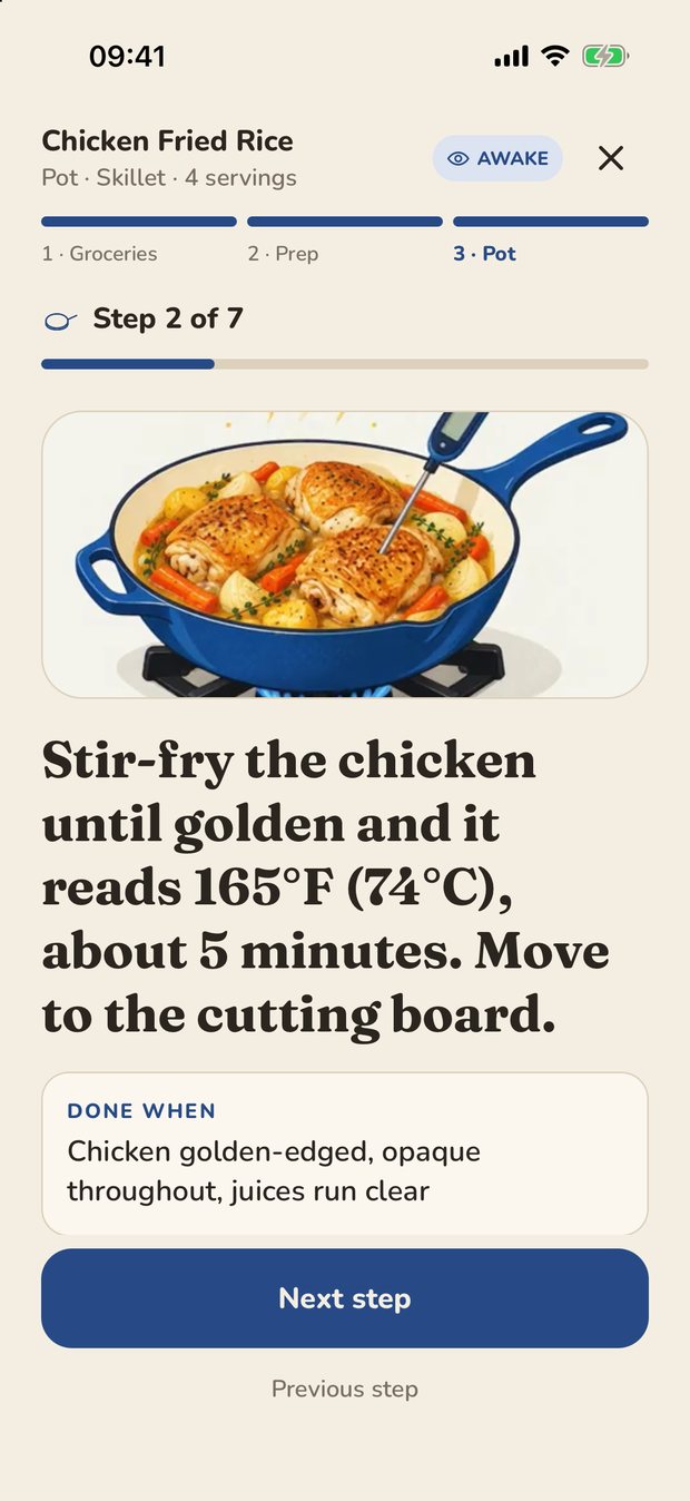 A cooking step showing an animation of chicken in a skillet, the step text, a done-when cue and a timer.