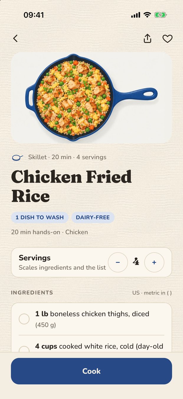 A recipe page for Chicken Fried Rice with an illustration, servings scaler and ingredients.
