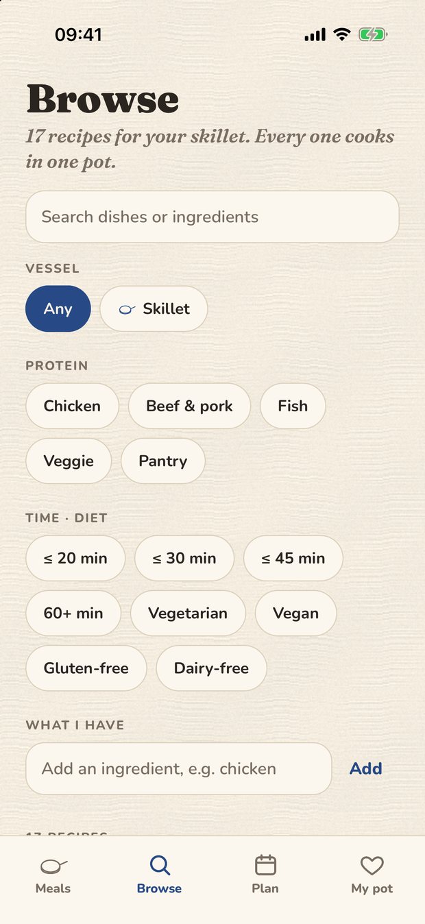 The Browse screen filtered to a skillet, with protein, time and diet filters.
