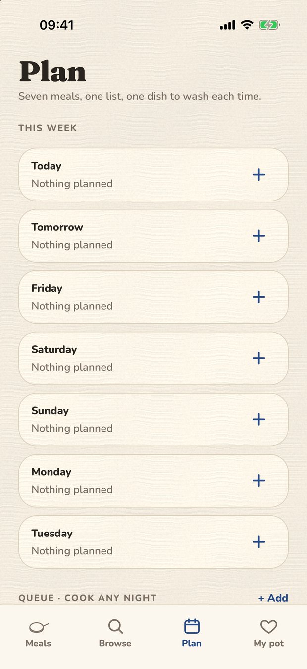 The Plan screen showing seven days of the week ready to fill.