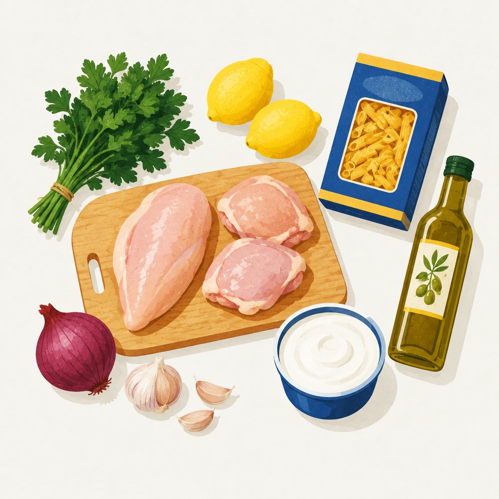 Illustration of groceries laid out on a counter: chicken, parsley, lemons, pasta, sour cream, garlic, onion and olive oil.